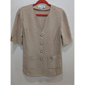 Vintage St John Collection Marie Gray Jacket Short Sleeve 6 Beige Textured Knit